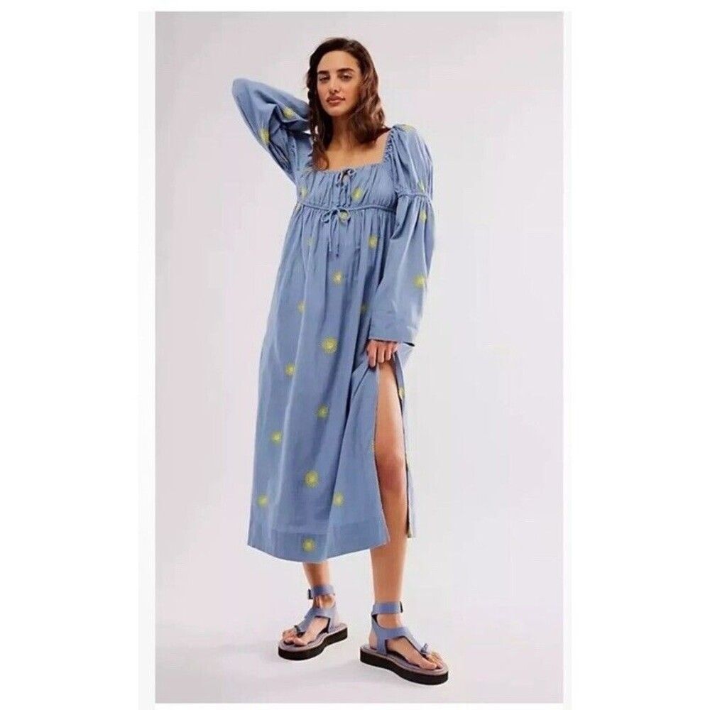 Free People Emory Embroidered Midi Dress Size S Small Blue NWOT